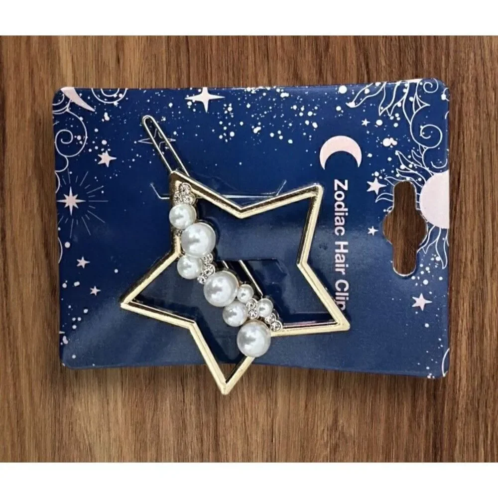 NWT 2 Inch Zodiac Gold Plated Metal Faux Imitation Pearl Star Hair Clip Barrette